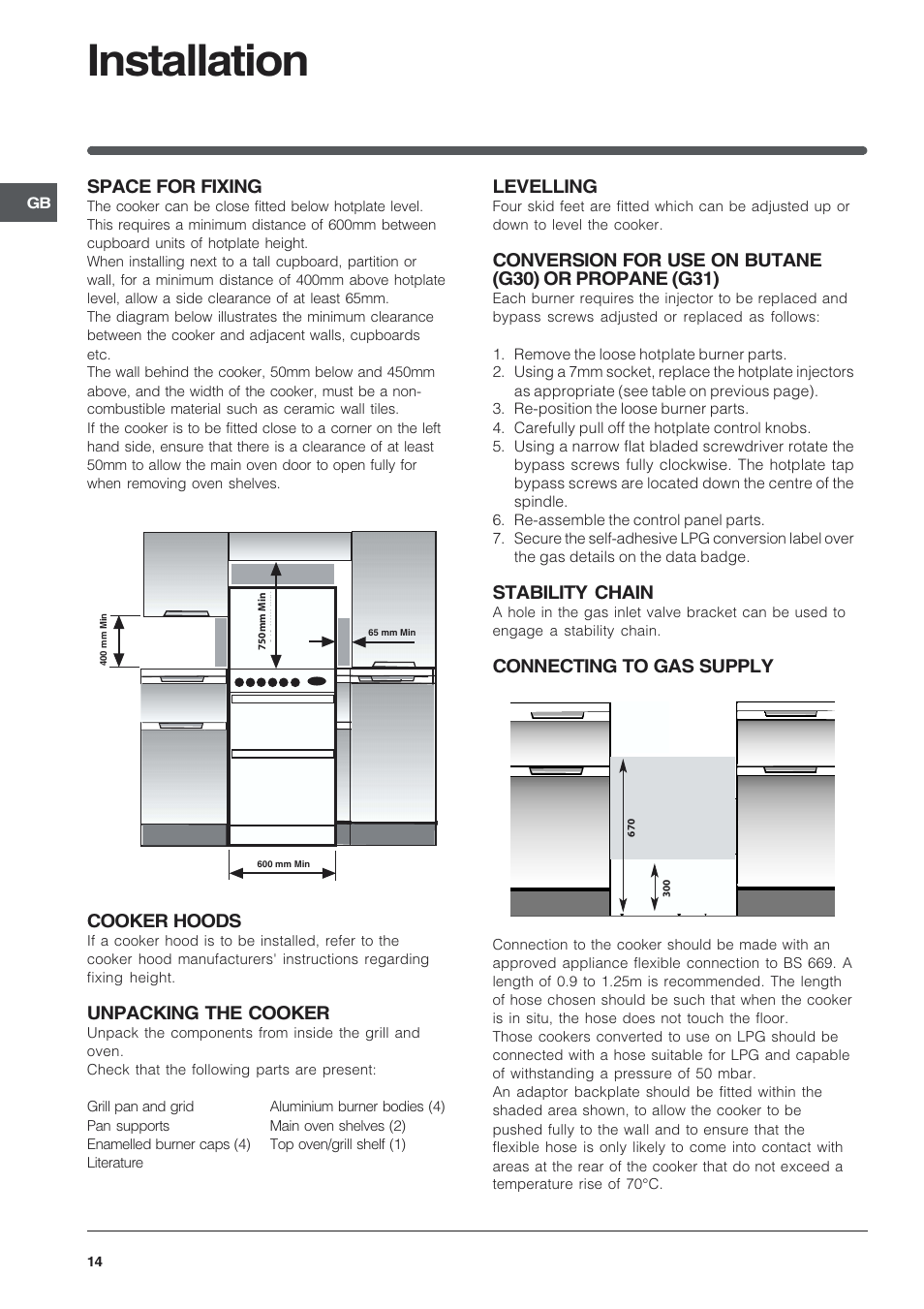 Installation, Space for fixing, Cooker hoods | Unpacking the cooker, Levelling, Stability chain, Connecting to gas supply | Indesit KDP60E User Manual | Page 14 / 20