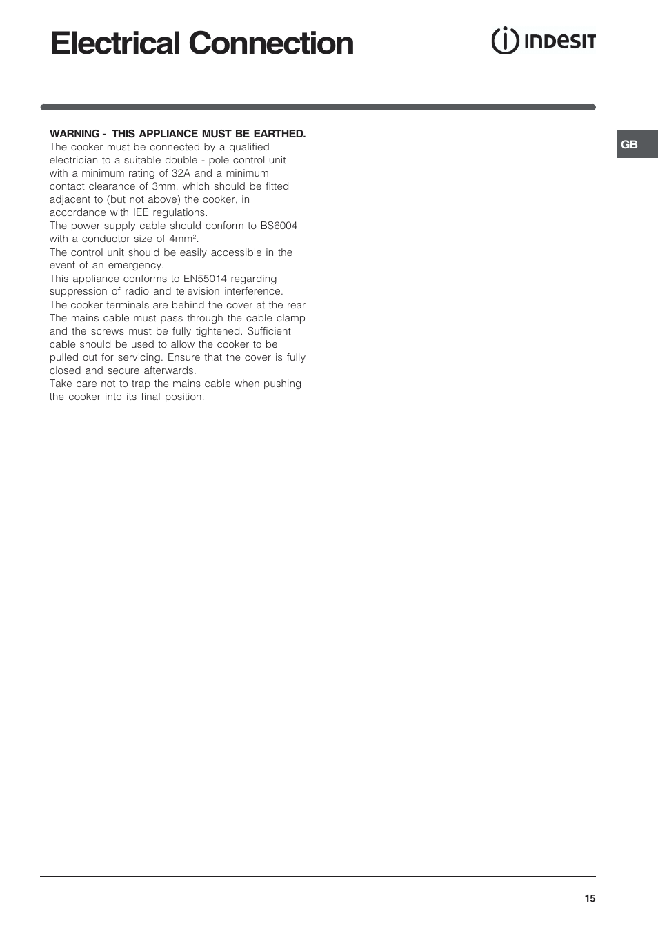 Electrical connection | Indesit KDP60E User Manual | Page 15 / 20