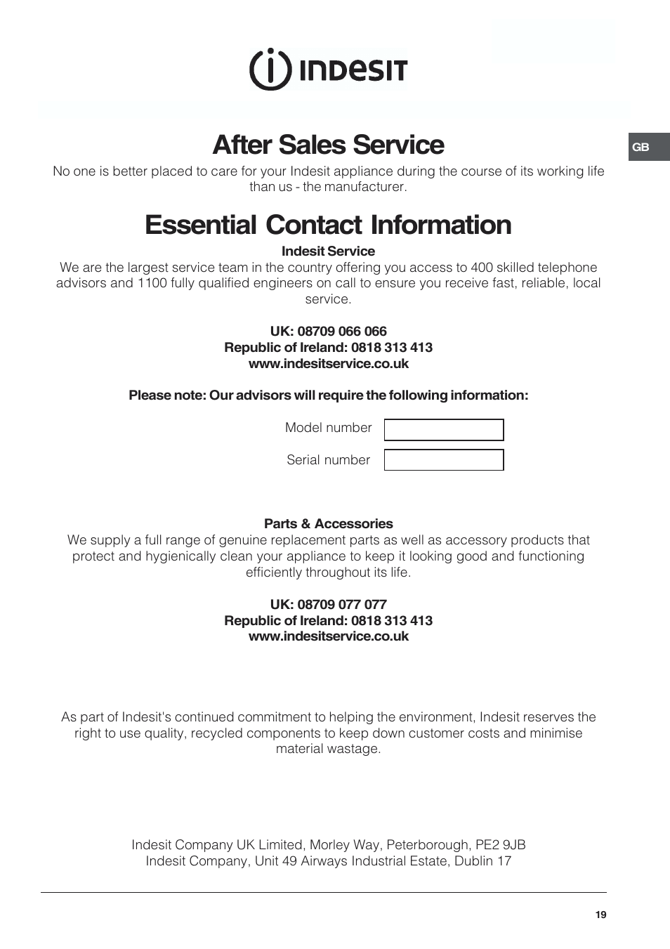 After sales service, Essential contact information | Indesit KDP60E User Manual | Page 19 / 20