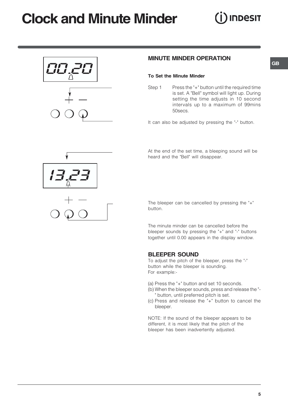 Clock and minute minder | Indesit KDP60E User Manual | Page 5 / 20