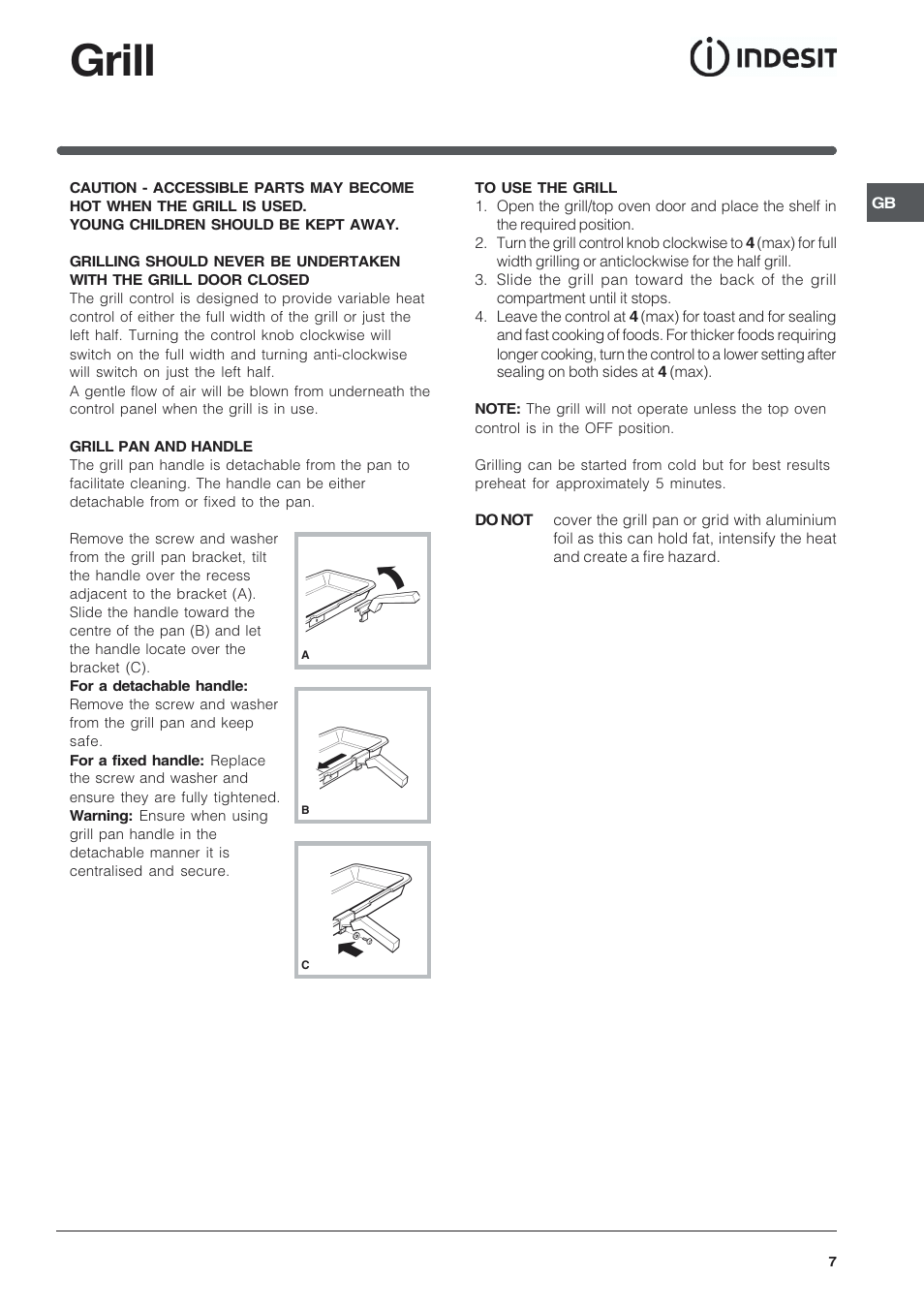 Grill | Indesit KDP60E User Manual | Page 7 / 20