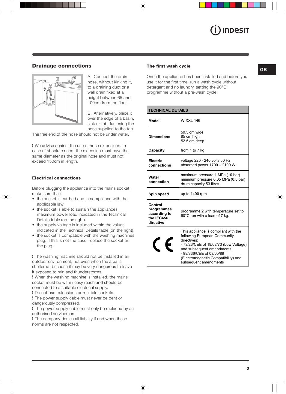 Drainage connections | Indesit WIXXL 146 User Manual | Page 3 / 12