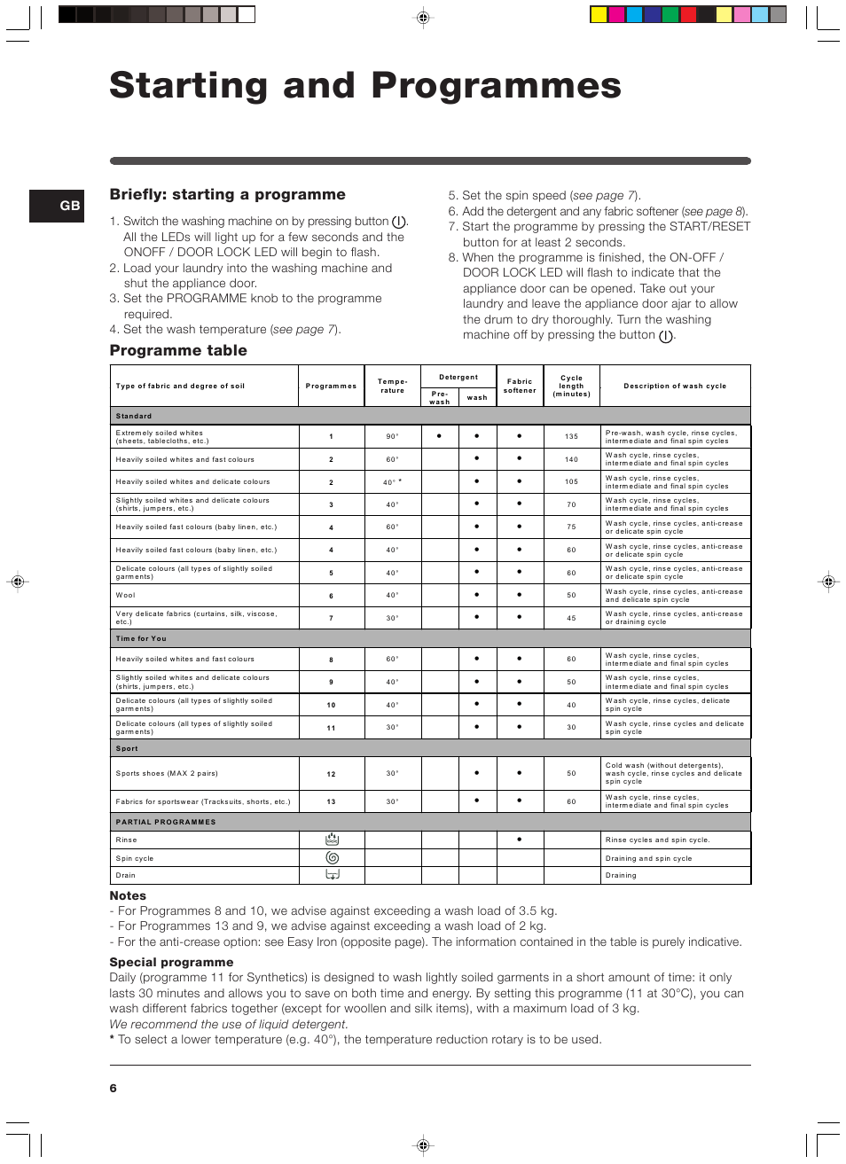 Starting and programmes, Briefly: starting a programme, Programme table | Indesit WIXXL 146 User Manual | Page 6 / 12