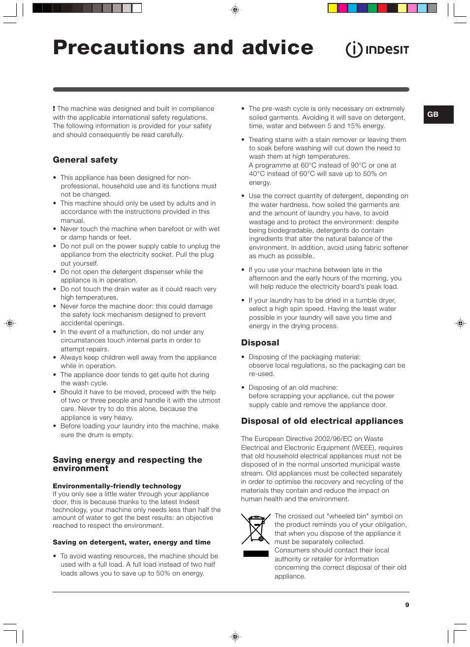 Precautions and advice | Indesit WIXXL 146 User Manual | Page 9 / 12
