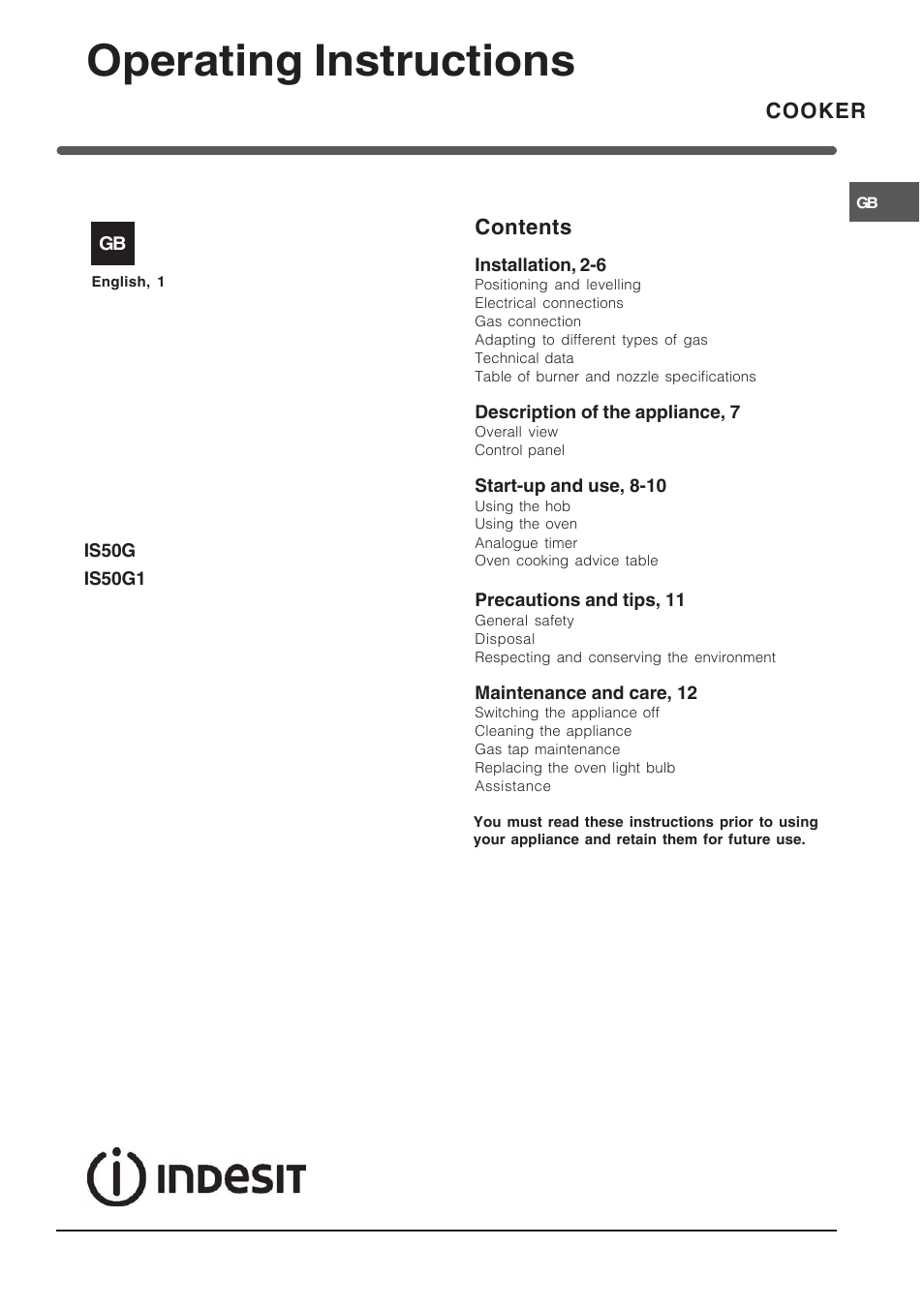 Indesit IS50G User Manual | 16 pages