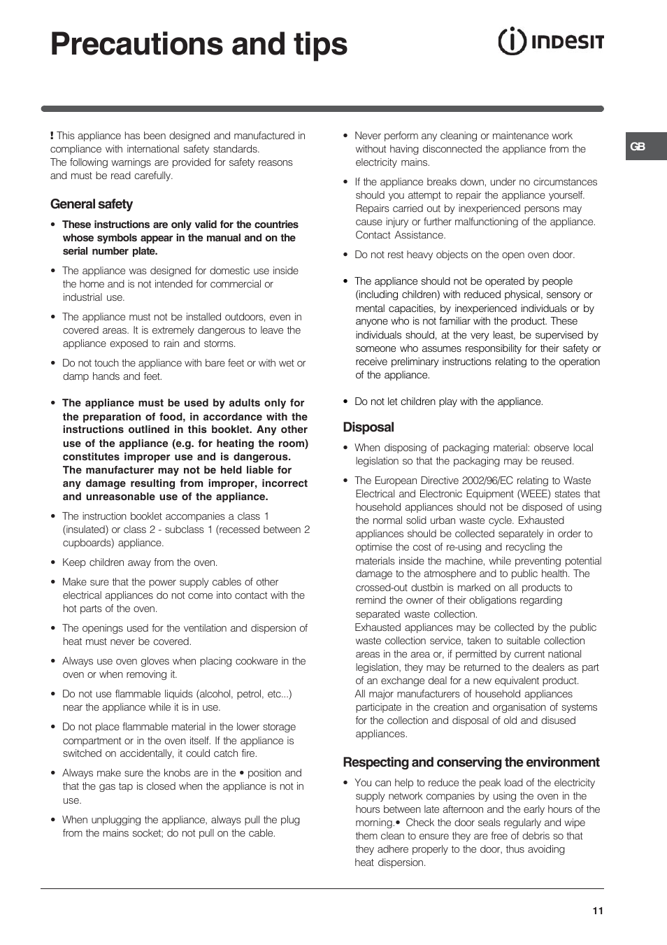 Precautions and tips | Indesit IS50G User Manual | Page 11 / 16