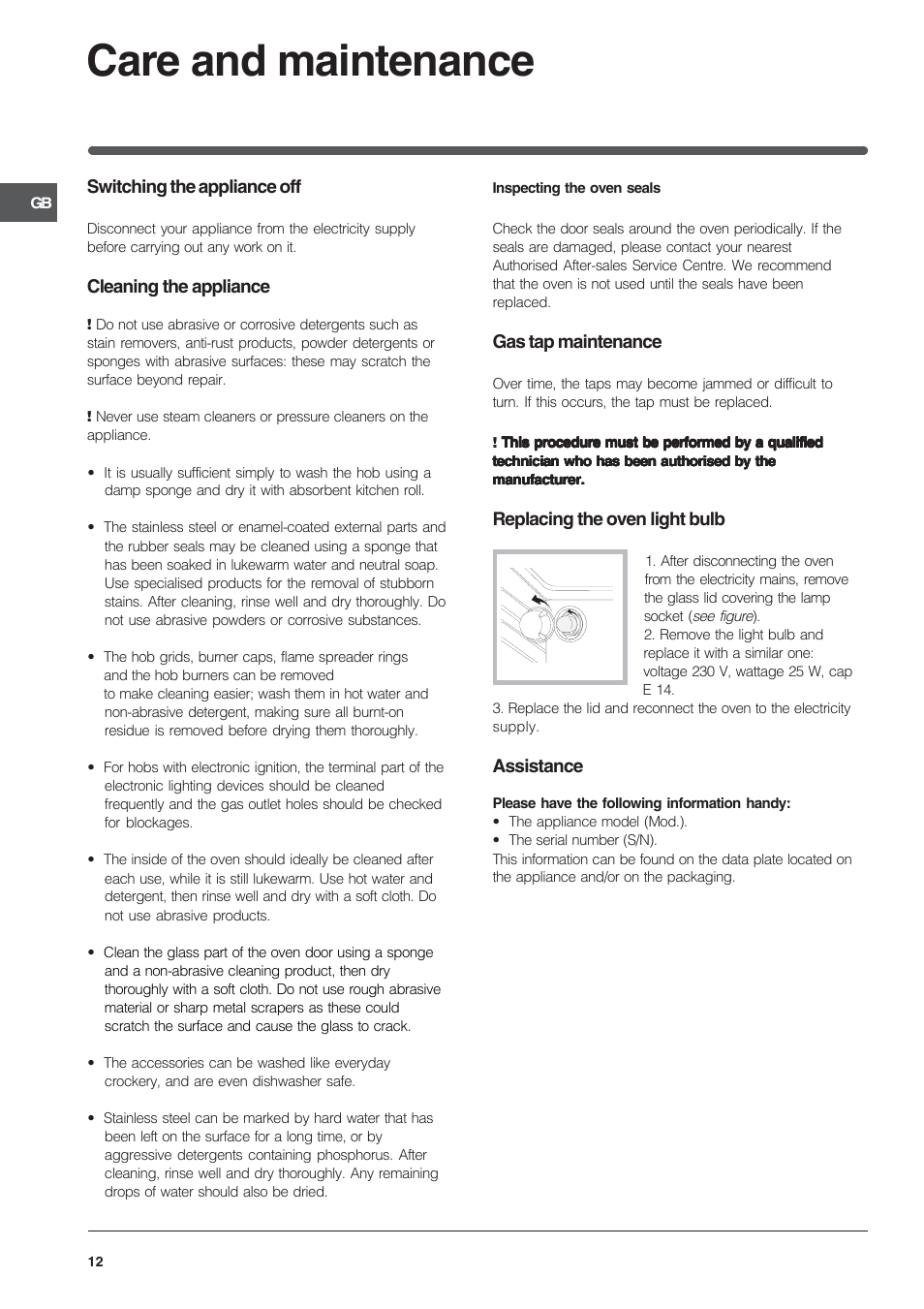 Care and maintenance | Indesit IS50G User Manual | Page 12 / 16