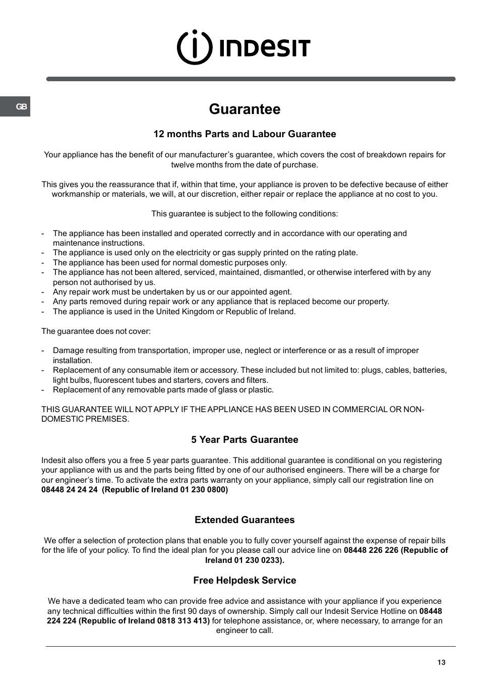 Guarantee | Indesit IS50G User Manual | Page 13 / 16