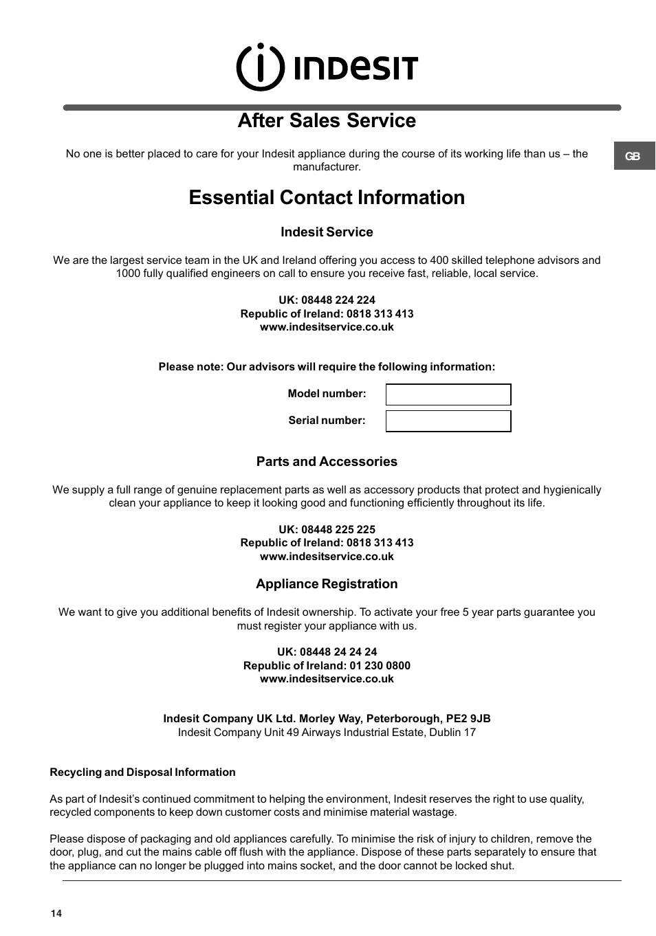 After sales service, Essential contact information | Indesit IS50G User Manual | Page 14 / 16