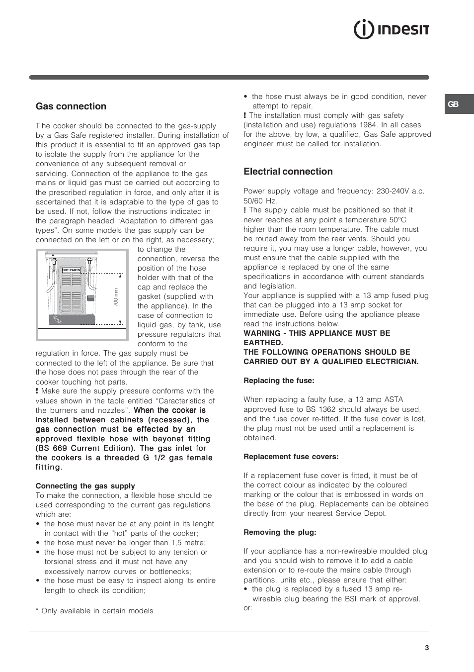 Gas connection, Electrial connection | Indesit IS50G User Manual | Page 3 / 16