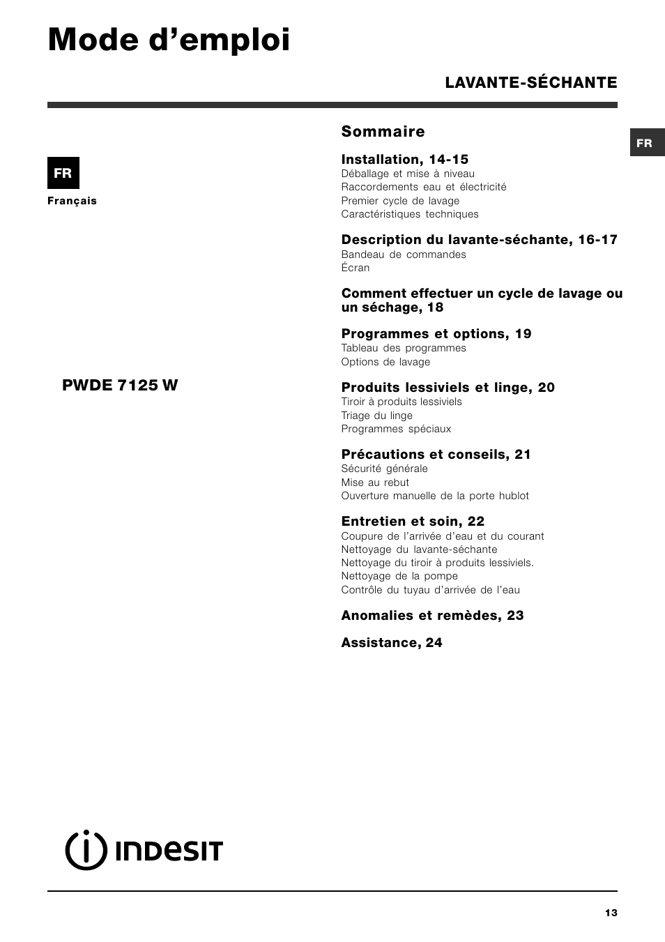 Mode demploi, Lavante-séchante sommaire, Pwde 7125 w | Indesit PWDE 7125 W User Manual | Page 13 / 72