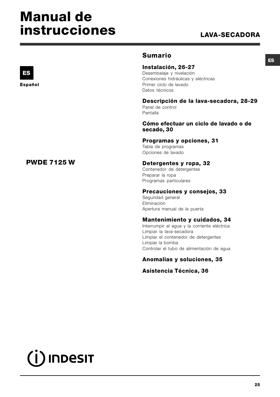 Manual de instrucciones, Lava-secadora sumario, Pwde 7125 w | Indesit PWDE 7125 W User Manual | Page 25 / 72