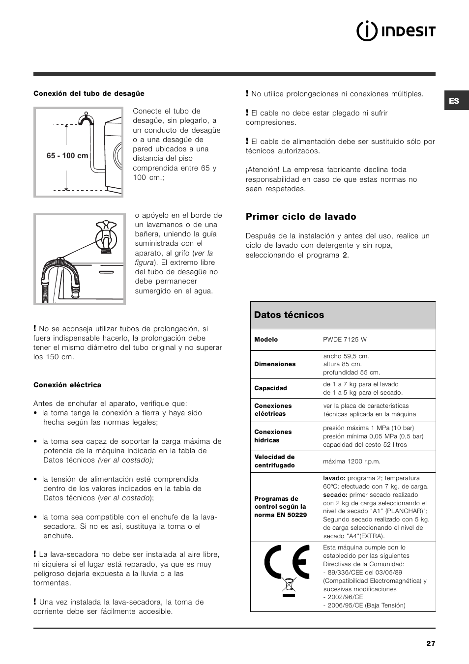 Primer ciclo de lavado, Datos técnicos | Indesit PWDE 7125 W User Manual | Page 27 / 72