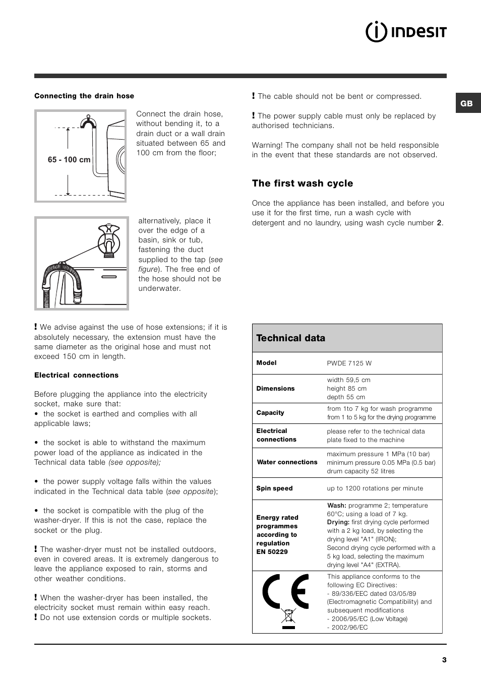 The first wash cycle, Technical data | Indesit PWDE 7125 W User Manual | Page 3 / 72