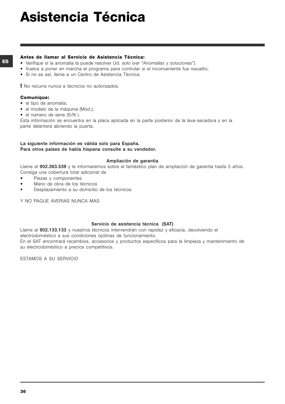 Asistencia técnica | Indesit PWDE 7125 W User Manual | Page 36 / 72