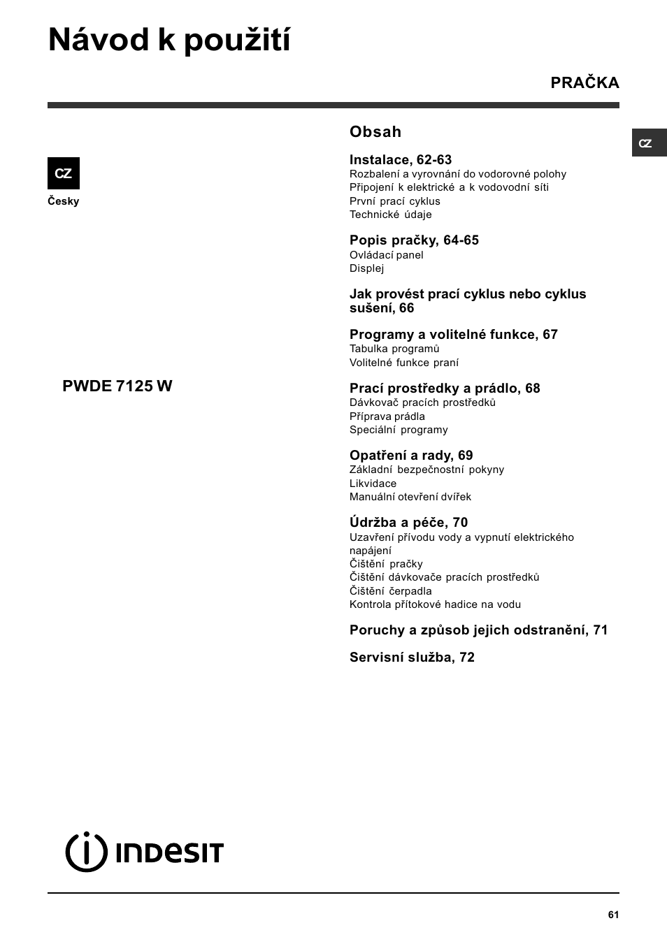 Indesit PWDE 7125 W User Manual | Page 61 / 72