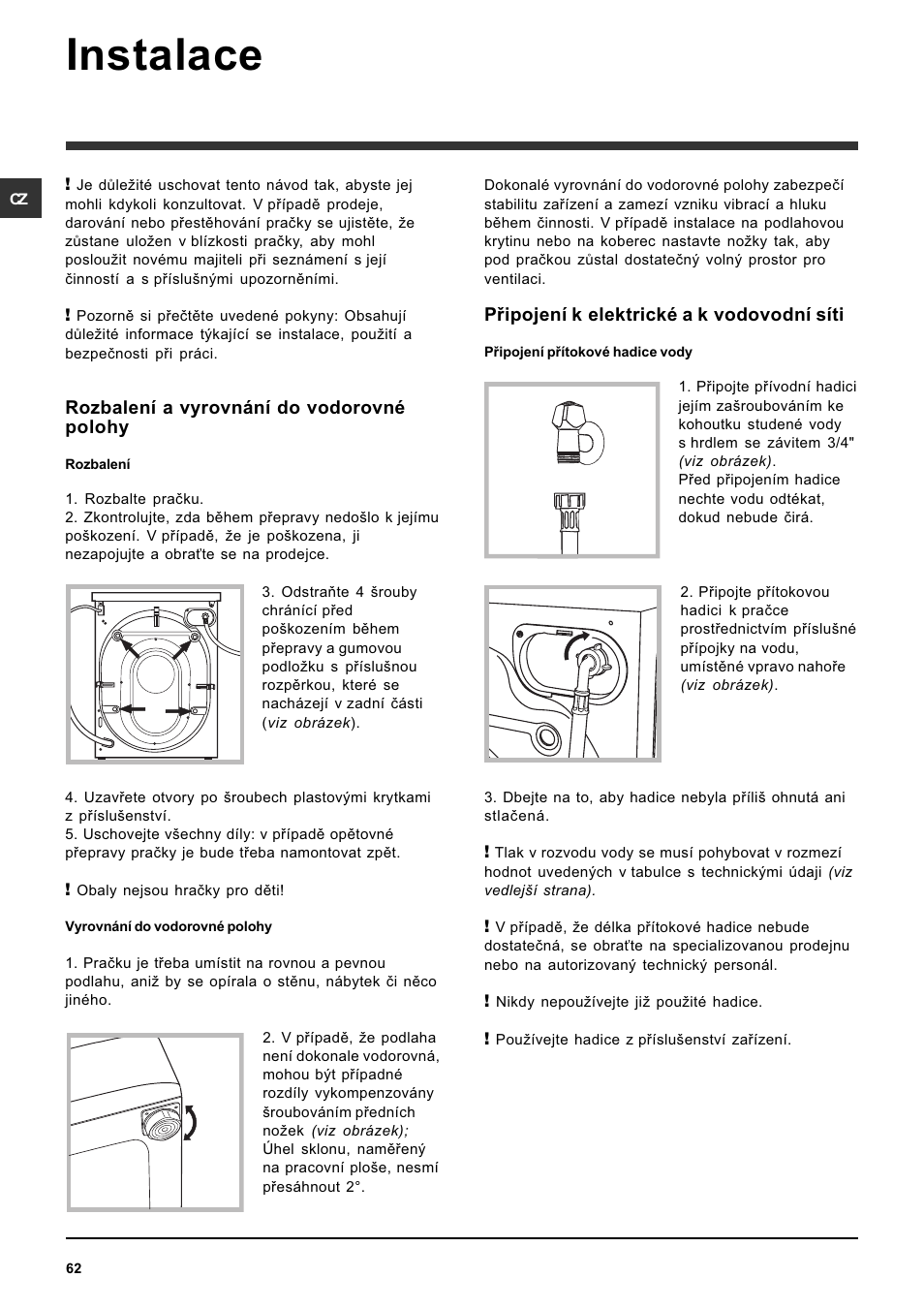 Instalace | Indesit PWDE 7125 W User Manual | Page 62 / 72