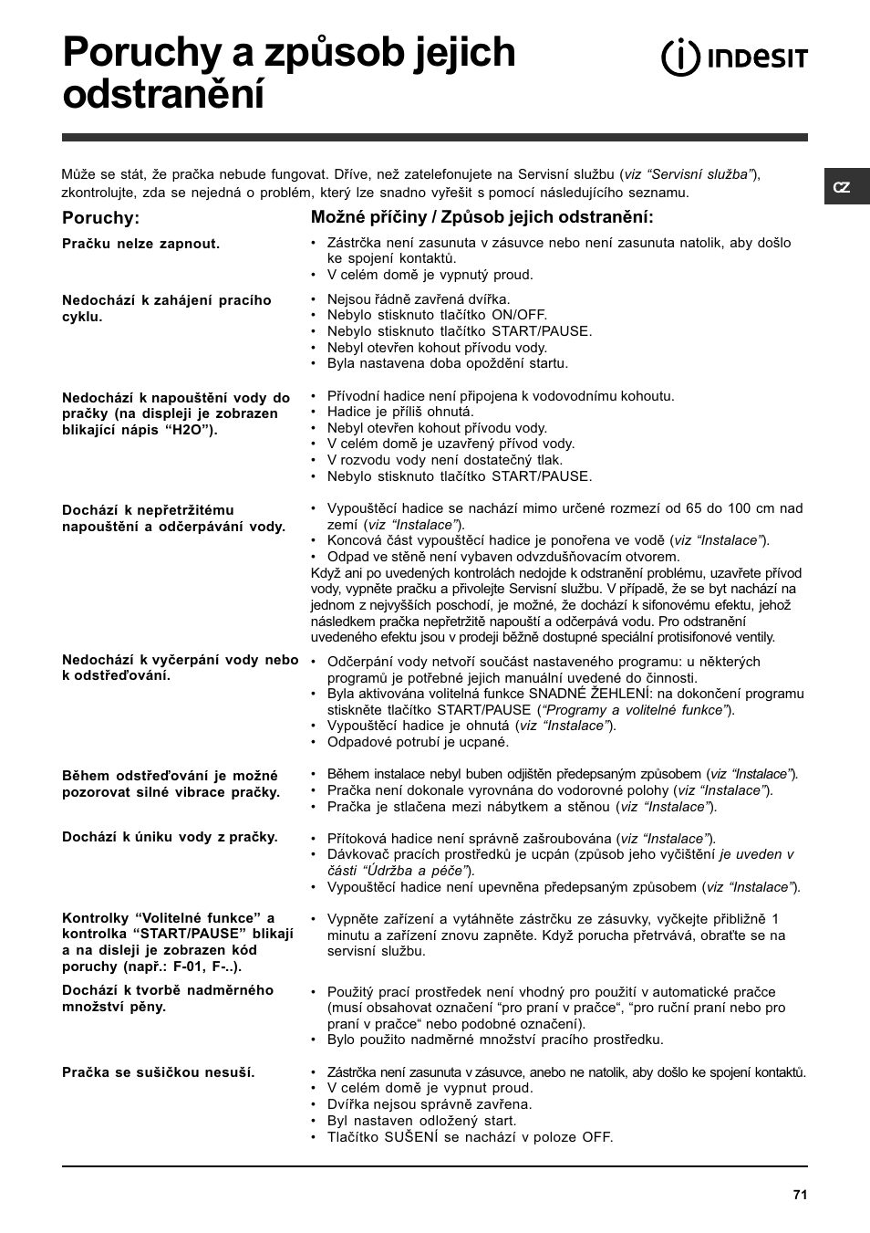 Poruchy a zpùsob jejich odstranìní | Indesit PWDE 7125 W User Manual | Page 71 / 72