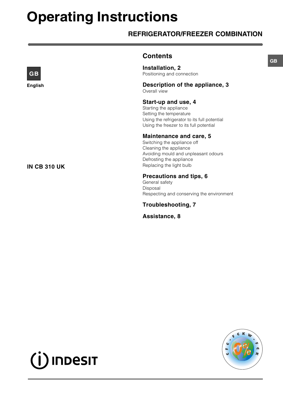 Indesit IN CB 310 UK User Manual | 8 pages