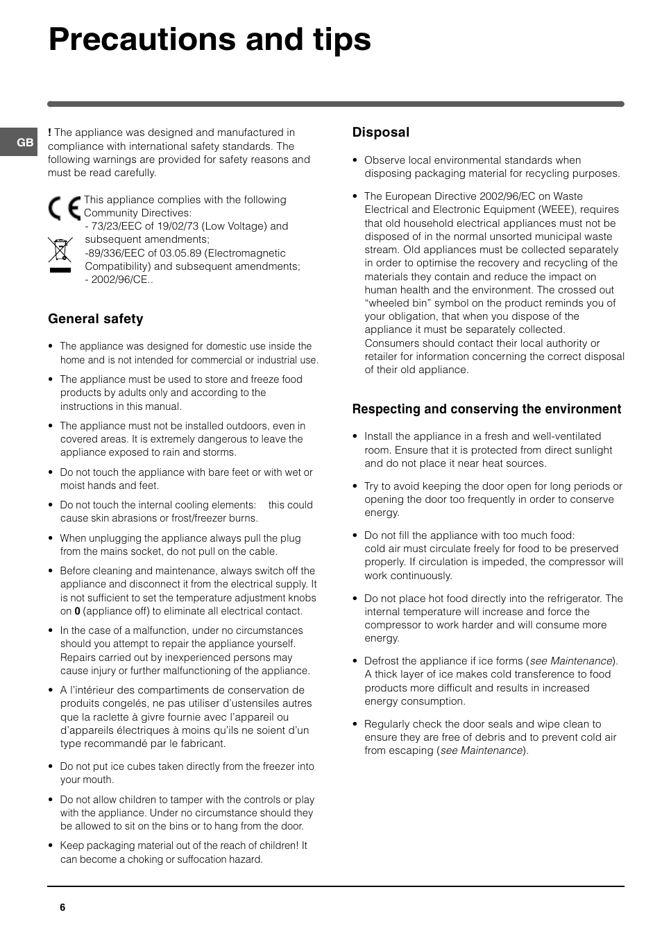 Precautions and tips | Indesit IN CB 310 UK User Manual | Page 6 / 8