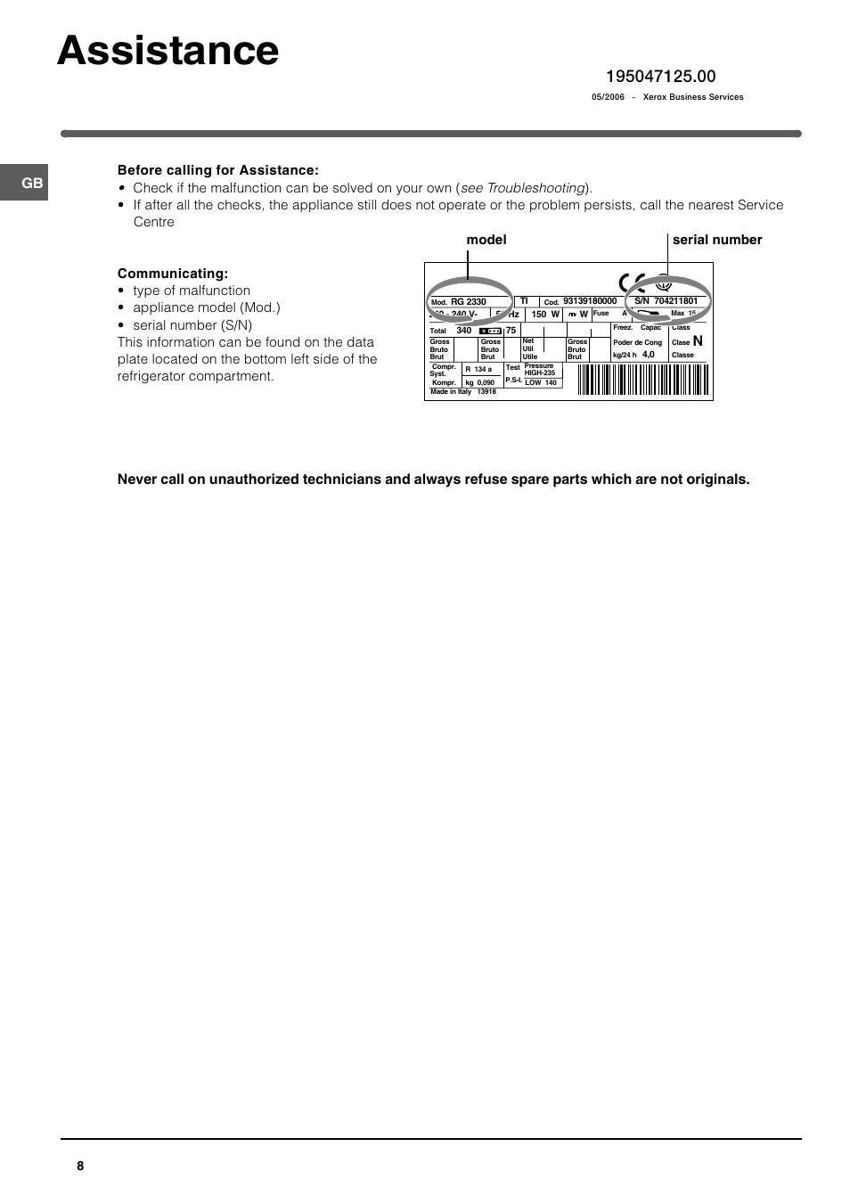 Assistance, Model serial number | Indesit IN CB 310 UK User Manual | Page 8 / 8