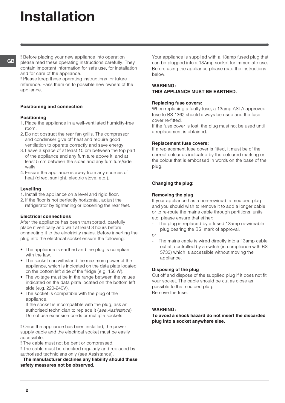 Installation | Indesit R 24 User Manual | Page 2 / 12