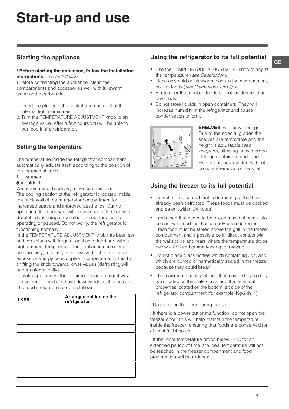 Start-up and use, Starting the appliance, Setting the temperature | Using the refrigerator to its full potential, Using the freezer to its full potential | Indesit R 24 User Manual | Page 5 / 12