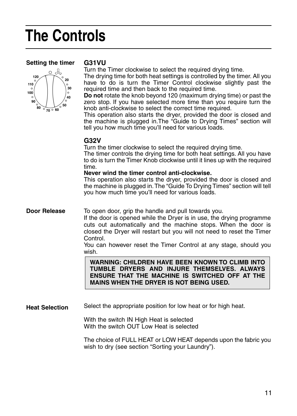 The controls | Indesit G31 User Manual | Page 11 / 16