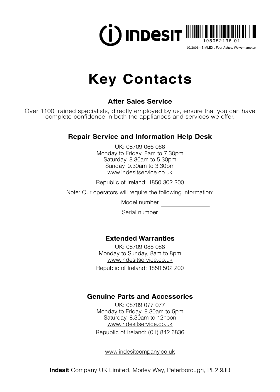 Key contacts | Indesit G31 User Manual | Page 16 / 16