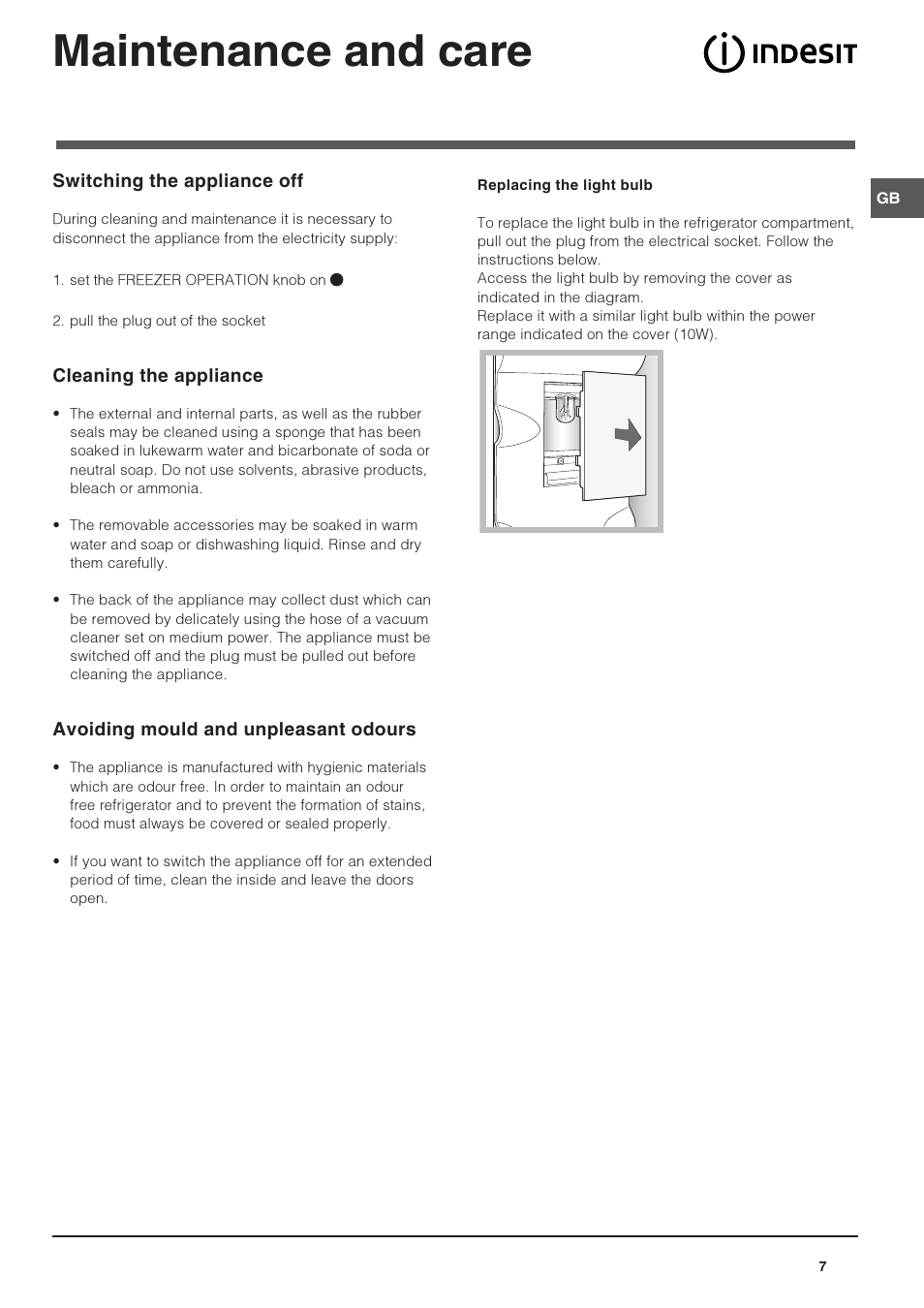 Maintenance and care | Indesit BAN 144 NF S User Manual | Page 7 / 12