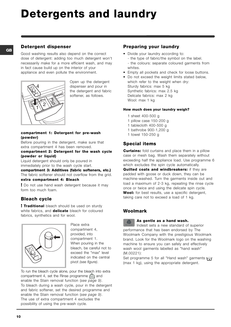 Detergents and laundry | Indesit WIE127 User Manual | Page 10 / 16