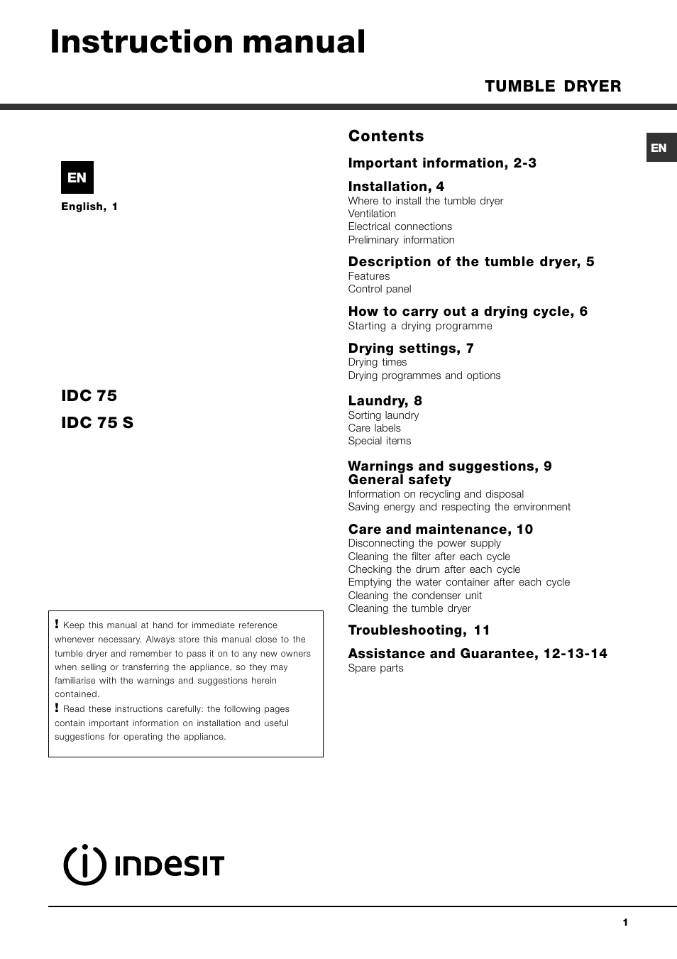 Indesit IDC 75 S User Manual | 16 pages