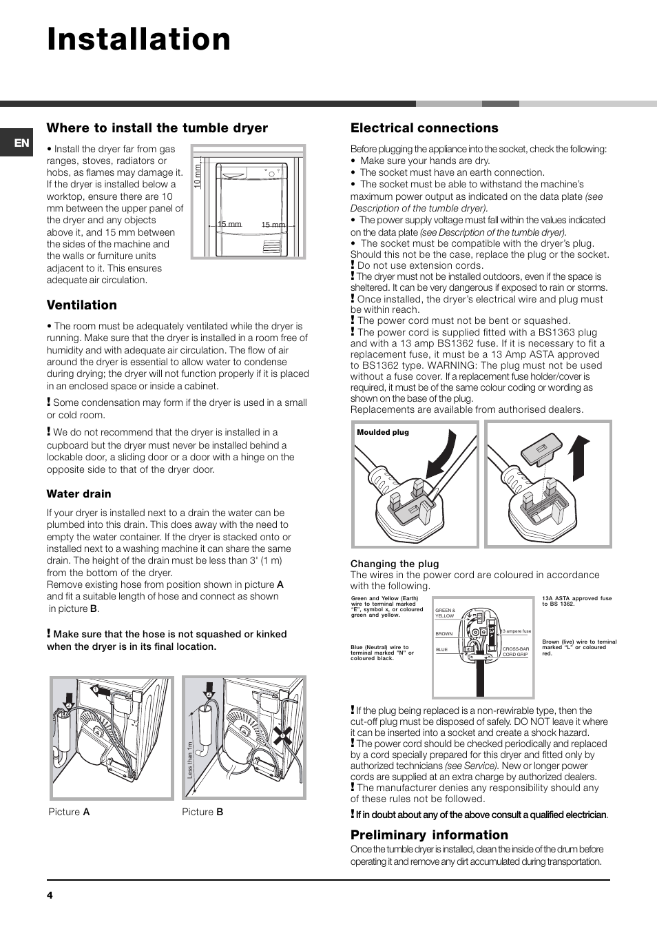 Installation, Where to install the tumble dryer, Ventilation | Electrical connections, Preliminary information | Indesit IDC 75 S User Manual | Page 4 / 16