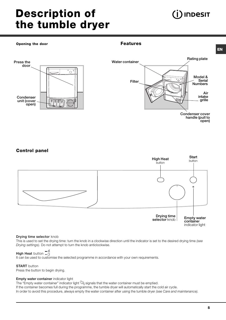 Description of the tumble dryer | Indesit IDC 75 S User Manual | Page 5 / 16