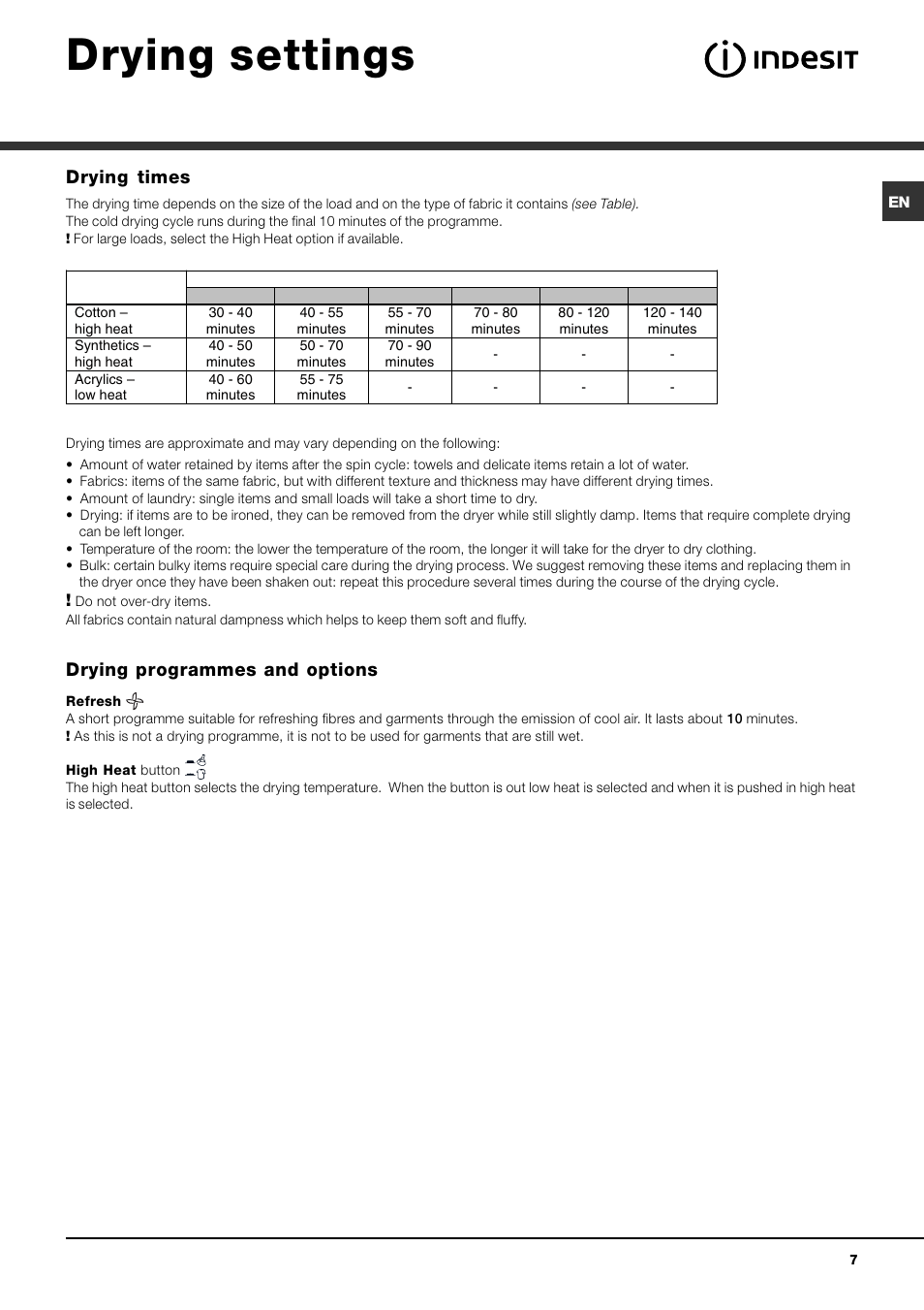 Drying settings, Drying times, Drying programmes and options | Indesit IDC 75 S User Manual | Page 7 / 16