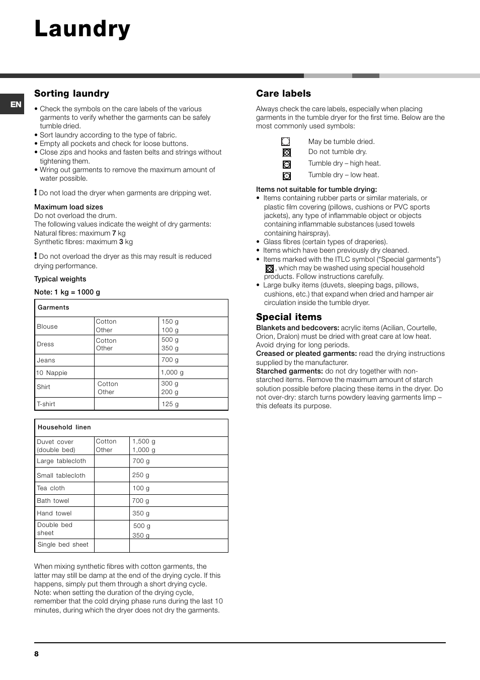 Laundry, Sorting laundry, Care labels | Special items | Indesit IDC 75 S User Manual | Page 8 / 16