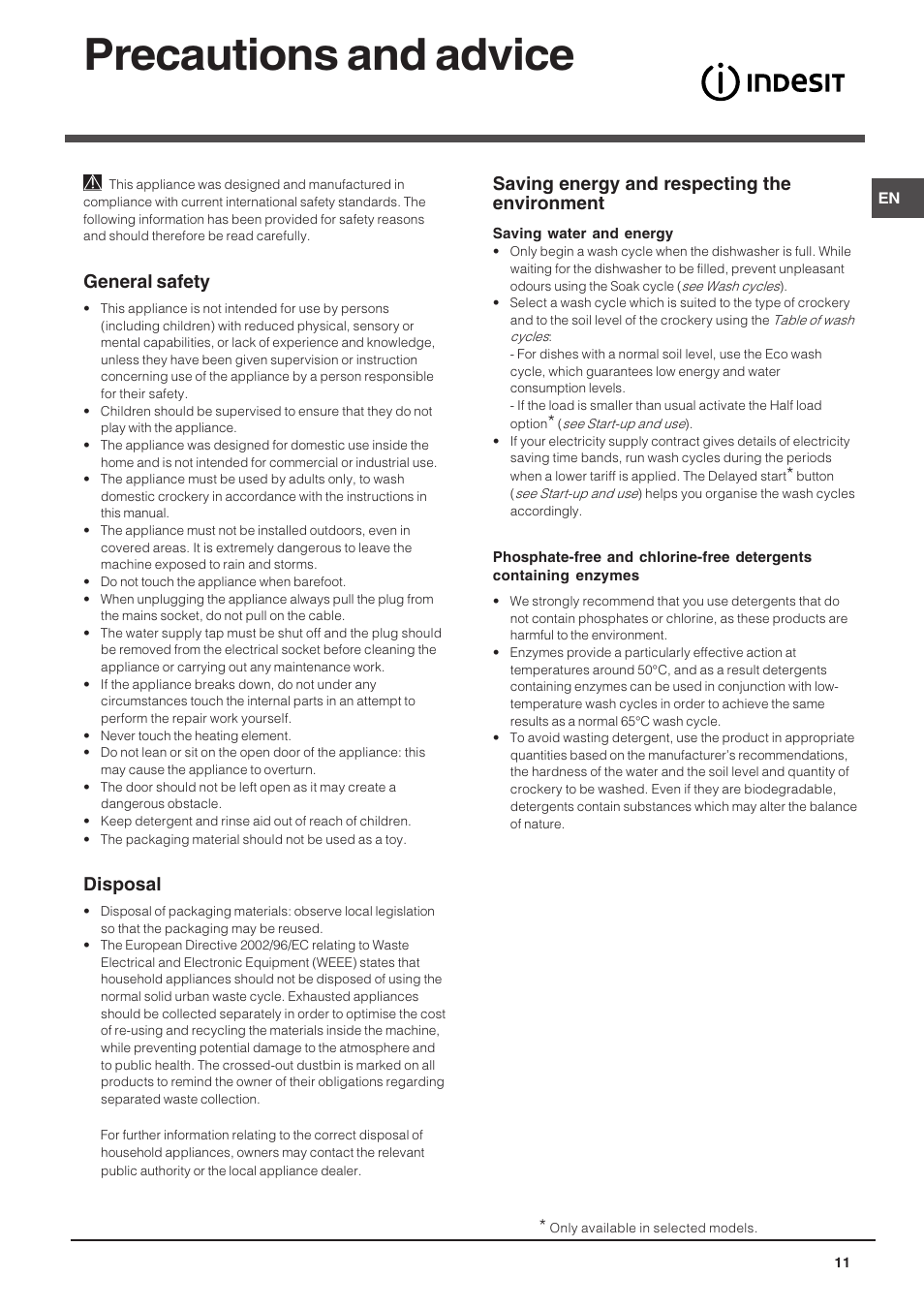 Precautions and advice, General safety, Disposal | Saving energy and respecting the environment | Indesit DIS 04 User Manual | Page 11 / 12