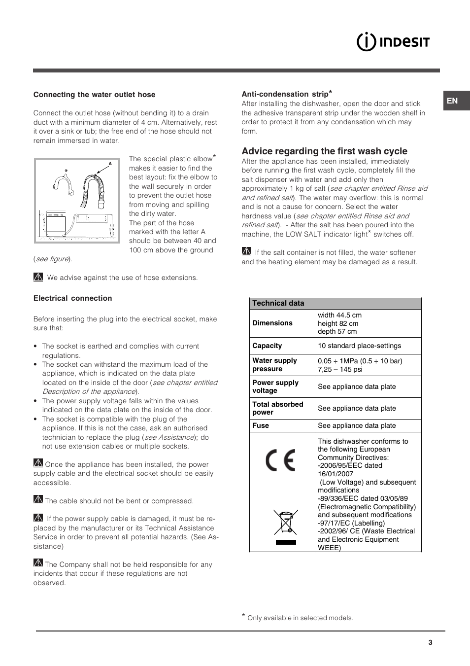 Advice regarding the first wash cycle | Indesit DIS 04 User Manual | Page 3 / 12