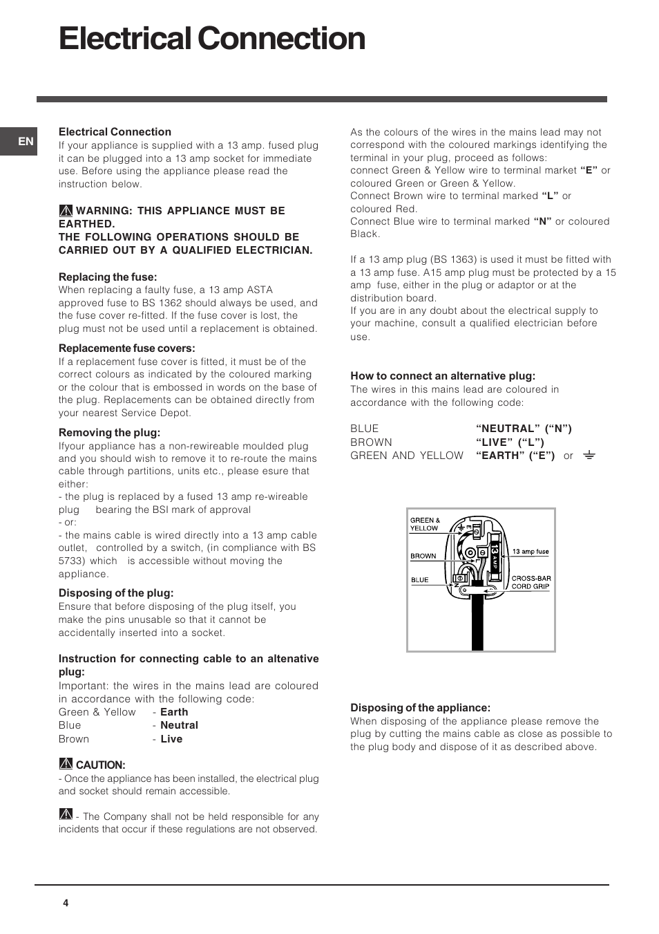 Electrical connection | Indesit DIS 04 User Manual | Page 4 / 12