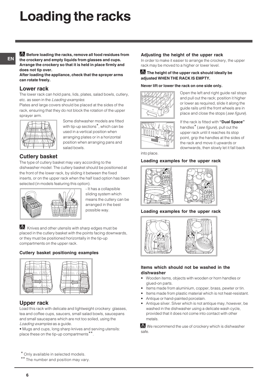 Loading the racks, Lower rack, Cutlery basket | Upper rack | Indesit DIS 04 User Manual | Page 6 / 12