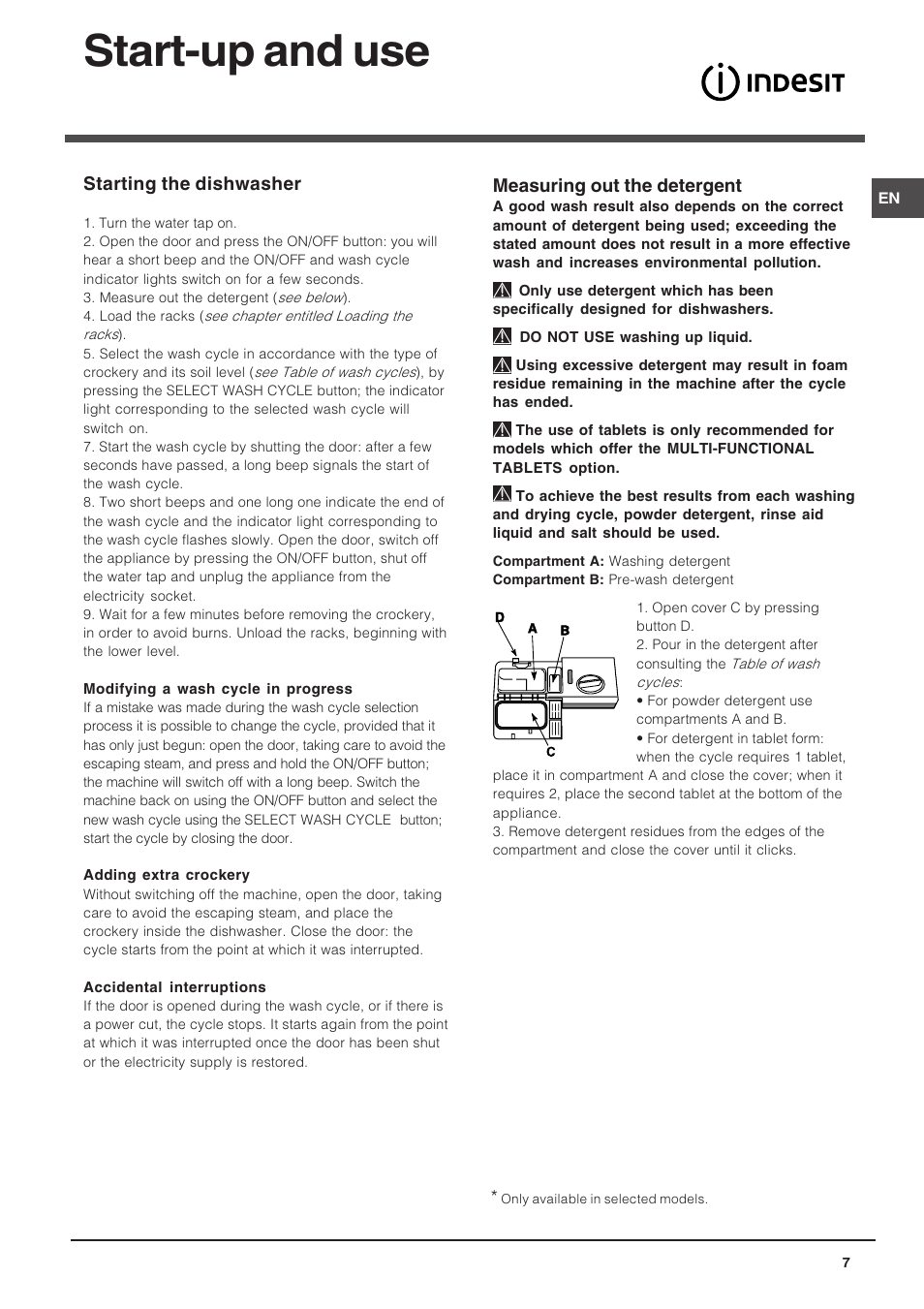 Start-up and use | Indesit DIS 04 User Manual | Page 7 / 12