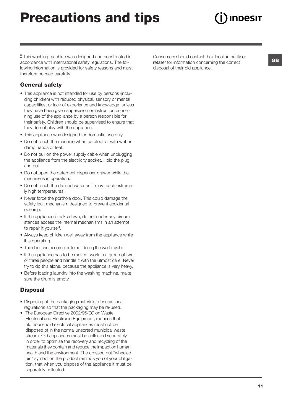 Precautions and tips | Indesit IWB User Manual | Page 11 / 16