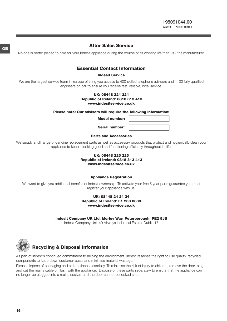 After sales service, Essential contact information, Recycling & disposal information | Indesit IWB User Manual | Page 16 / 16