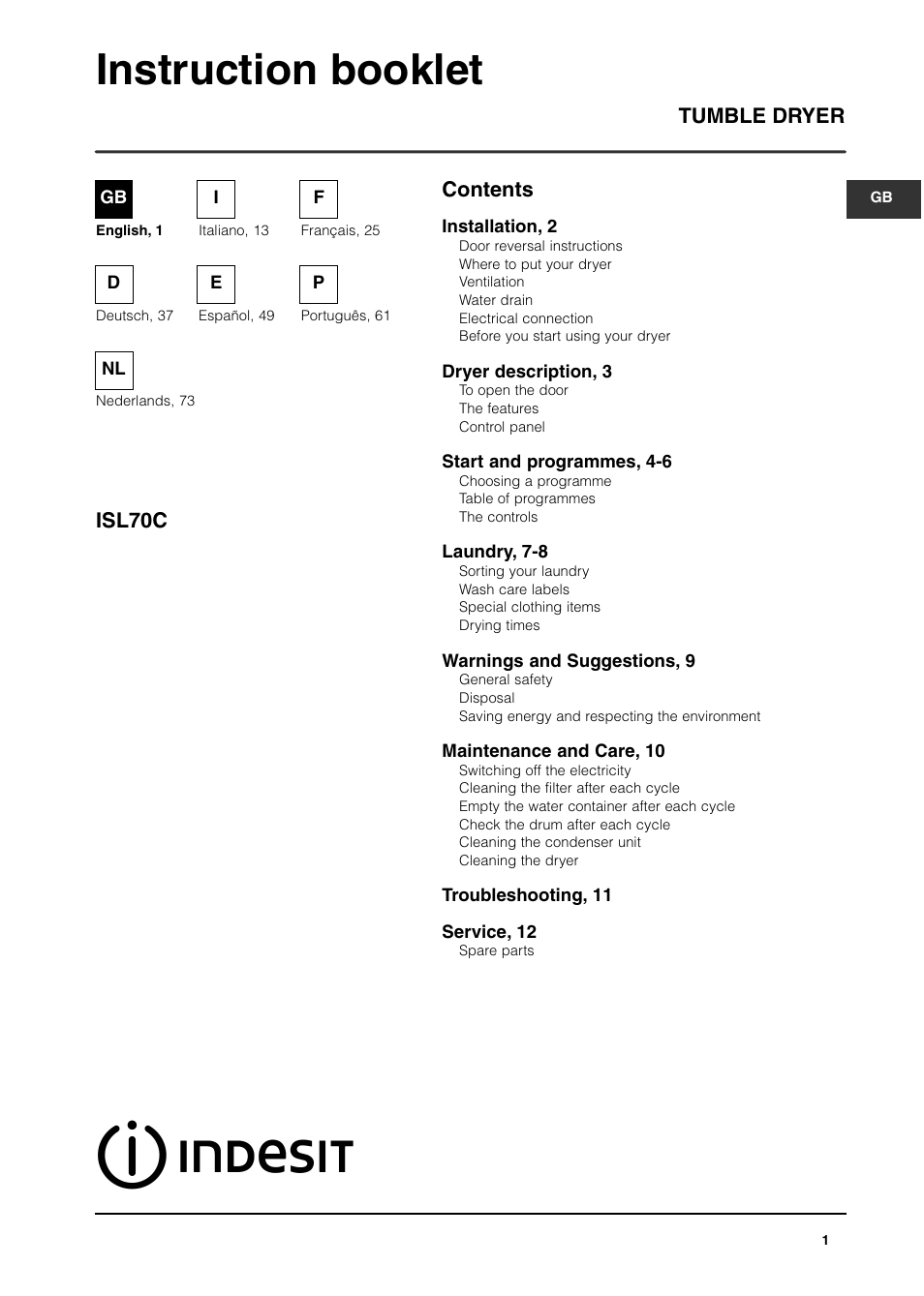 Indesit ISL70C User Manual | 84 pages