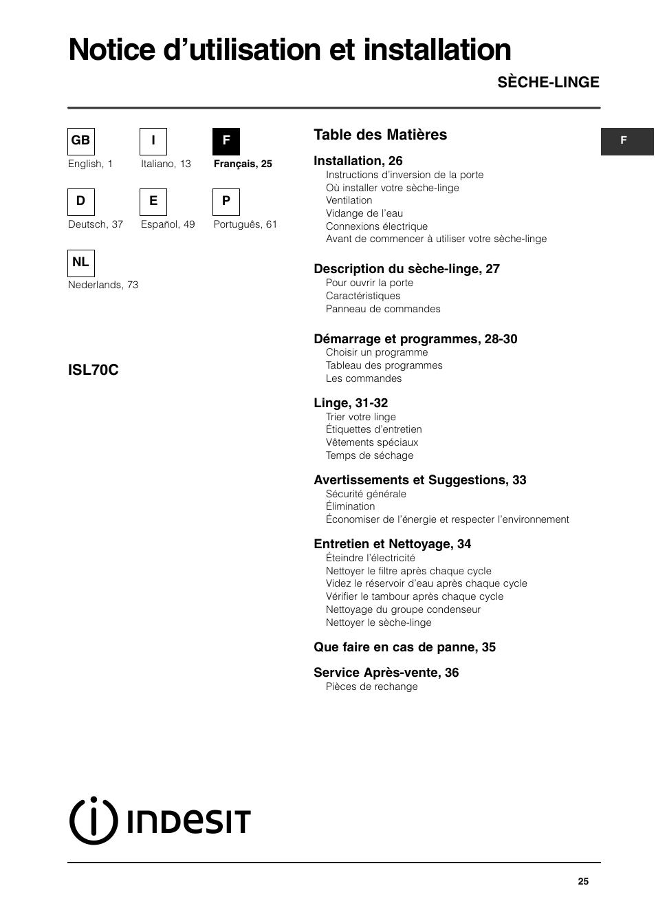 Indesit ISL70C User Manual | Page 25 / 84