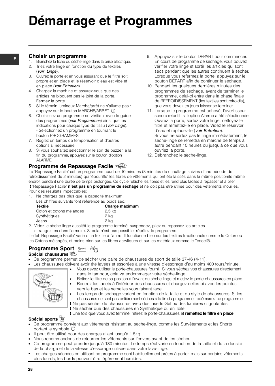Démarrage et programmes, Choisir un programme, Programme de repassage facile | Programme sport | Indesit ISL70C User Manual | Page 28 / 84