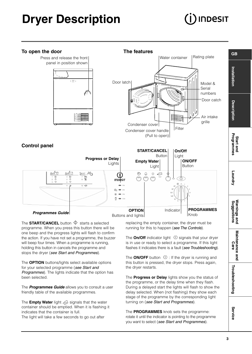 Dryer description, Control panel | Indesit ISL70C User Manual | Page 3 / 84