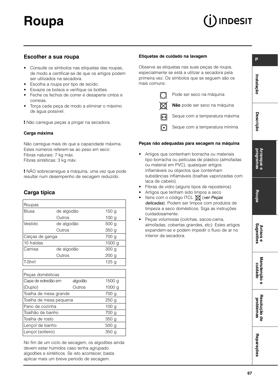 Roupa, Escolher a sua roupa, Carga típica | Indesit ISL70C User Manual | Page 67 / 84