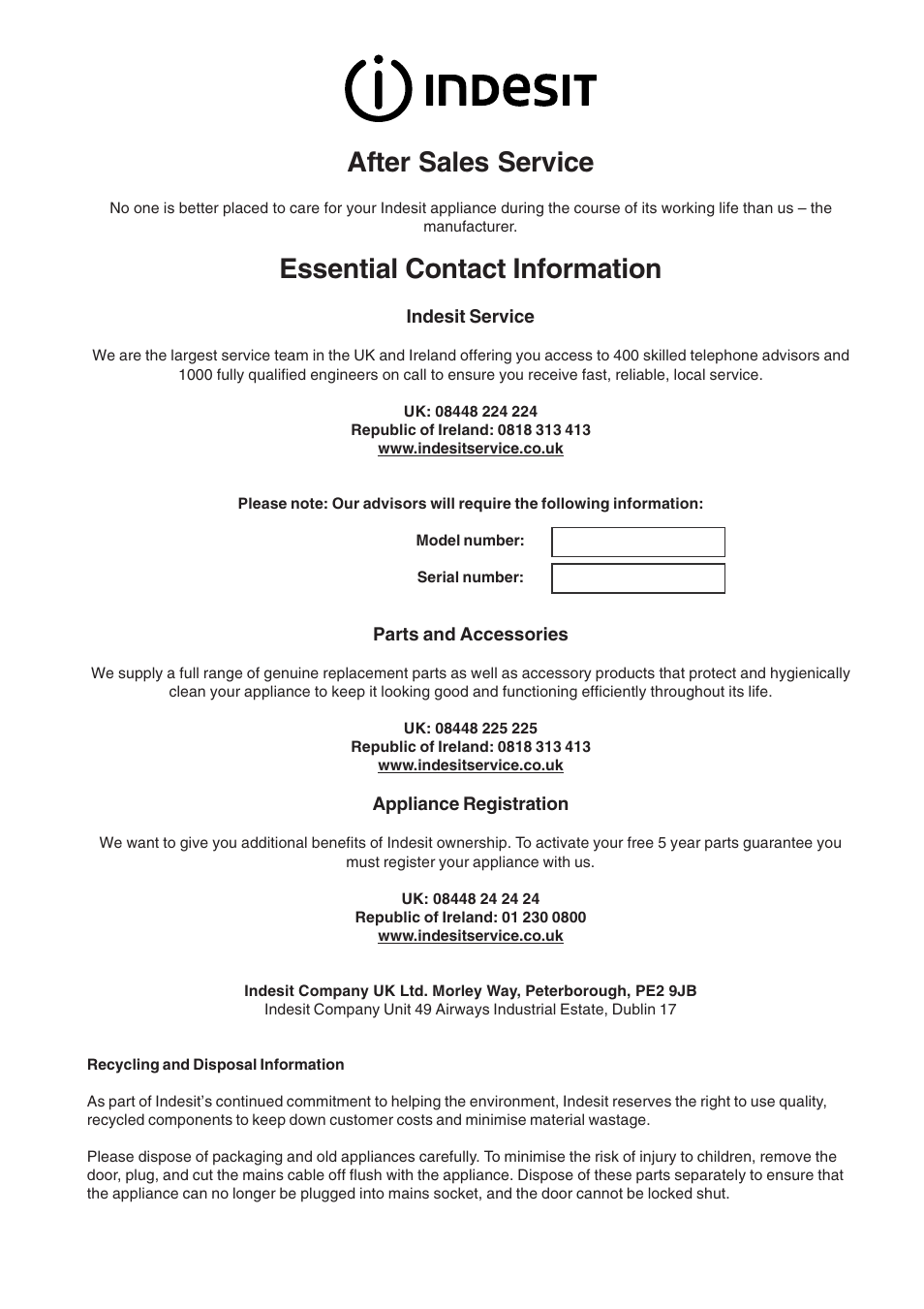 After sales service, Essential contact information | Indesit I. 89 K GP.A UK User Manual | Page 14 / 16