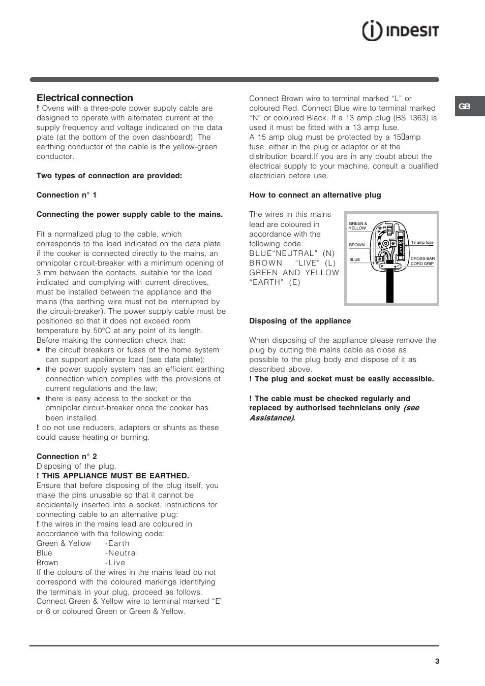 Electrical connection | Indesit I. 89 K GP.A UK User Manual | Page 3 / 16